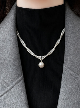 法式双层人造珍珠毛衣链项链女款