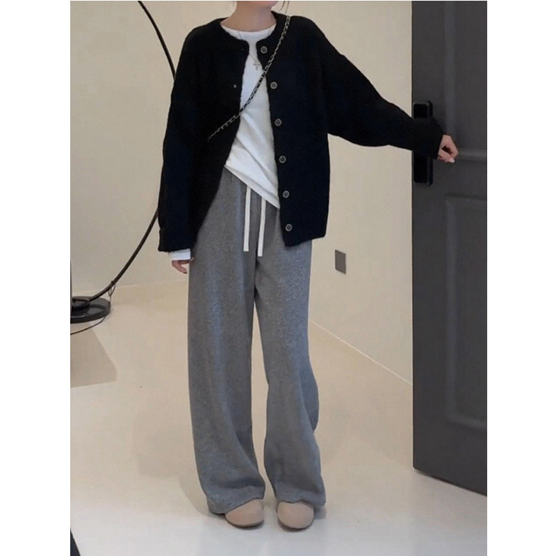 抽绳弹力松紧高腰直筒阔腿卫裤女秋冬新款慵懒风垂感休闲拖地长裤,淘宝优惠券,粉丝福利购,淘宝优惠卷