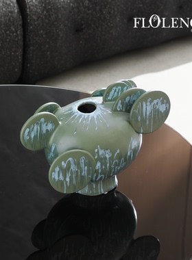 窑变釉仙人掌干花插花器艺术摆件