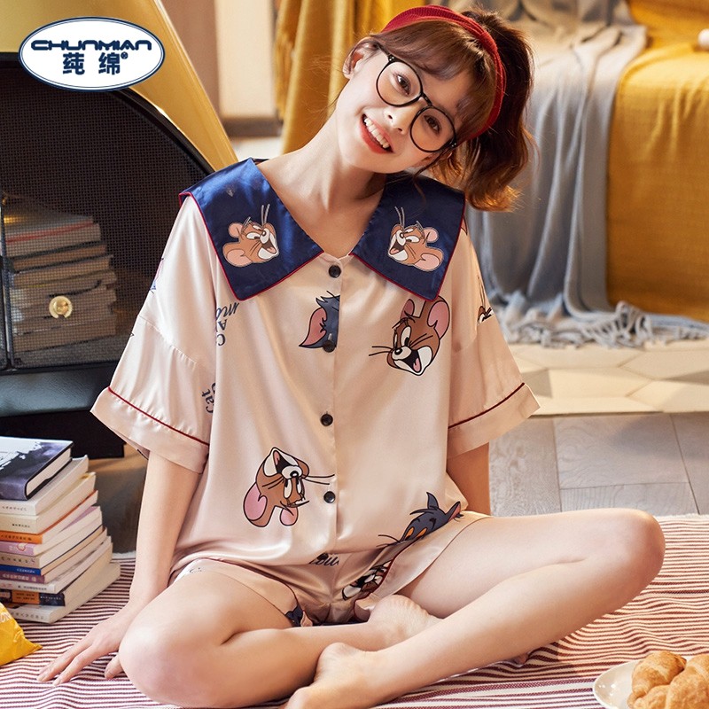 情侣夏冰丝短袖两件套卡通女士睡衣 莼绵睡衣/家居服套装