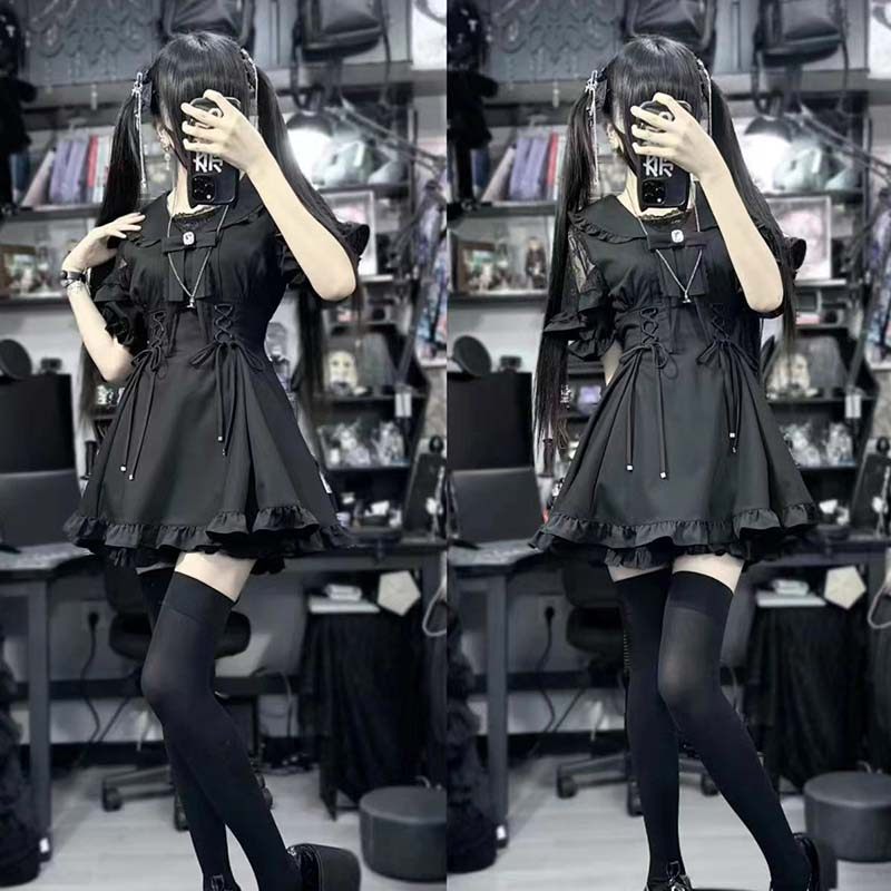 松露森林【一团】蕾黑色拼接水手领短袖收腰 - 图0