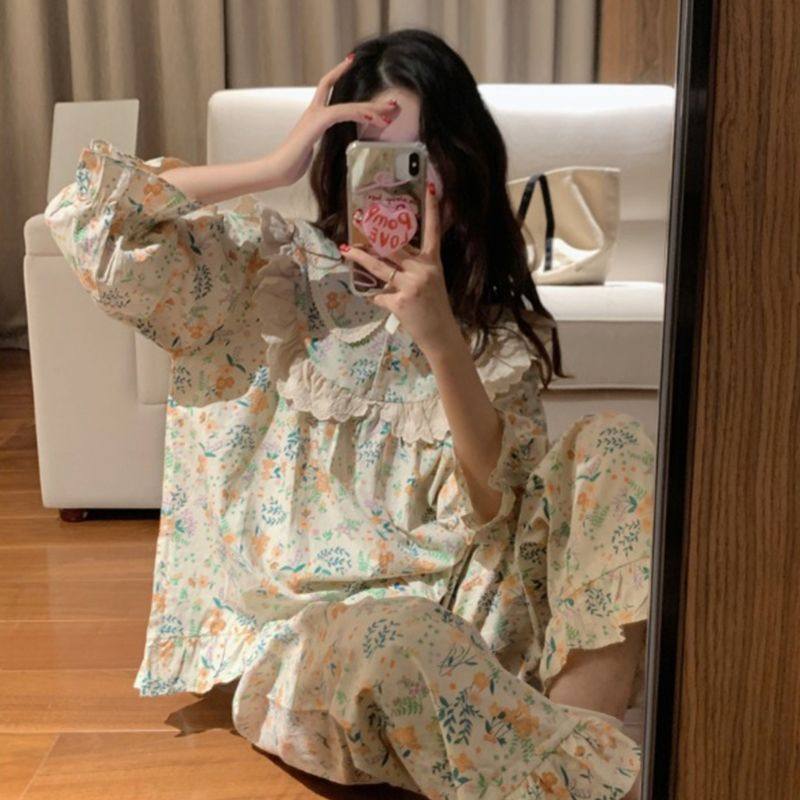 睡衣女甜美蕾丝边春秋季新款娃娃领长袖套装可爱碎花家居服,淘宝优惠券,粉丝福利购,淘宝优惠卷