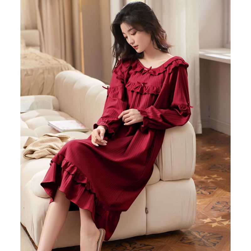 新款睡衣女士春秋纯棉长袖红色本命年大码睡裙冬季结婚孕妇连衣裙