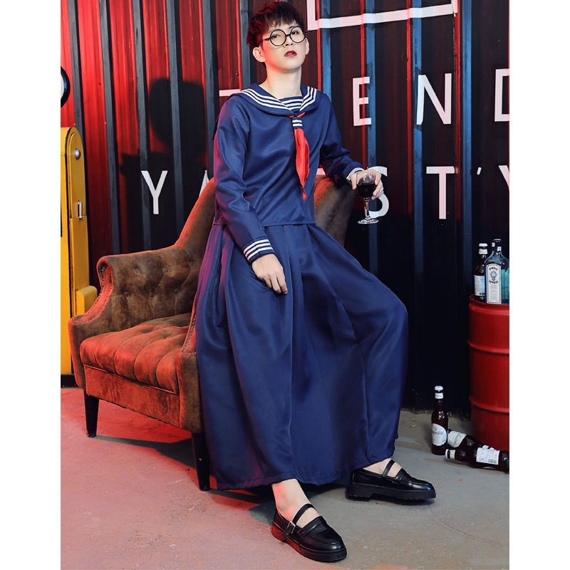 cosplay日系水手风 海军领深蓝色3件套学生制服长裙 伪娘jk制服