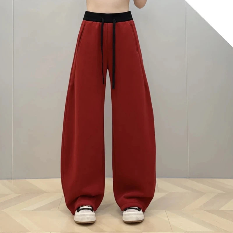 2025冬季加绒大码女装撞色绑带休闲阔腿裤梨形身材显瘦弯刀拖地裤,淘宝优惠券,粉丝福利购,淘宝优惠卷