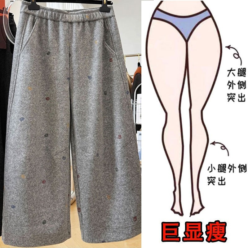 冬季重工刺绣松紧腰毛呢九分休闲裤女新款高腰加绒保暖直筒阔腿裤 - 图1
