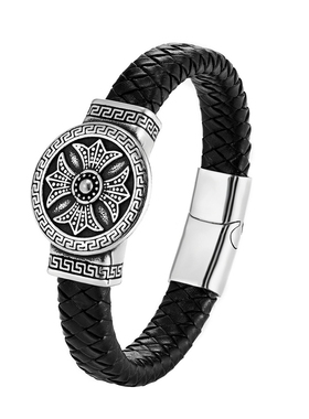 守护金刚结花纹手牌黑色皮绳编织手链男士霸气刺青转运珠手镯金色