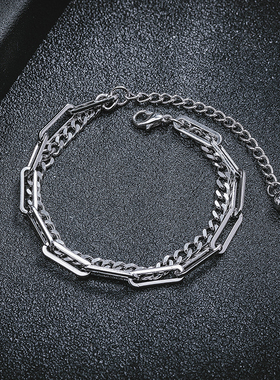 小众双层回形针拼接镂空钛钢手链