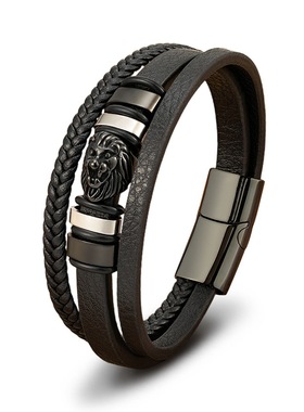 潮牌男钛钢皮质狮子头手链