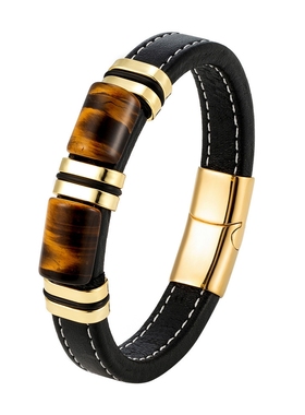 本命年转运天然黄虎眼石手链男士黑色真皮手绳高级感复古情侣手环