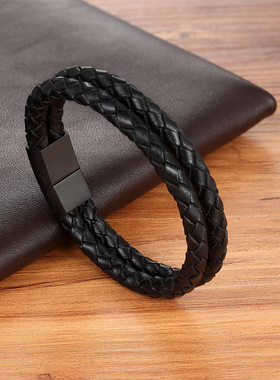 欧美风真皮男士黑色复古编织手环
