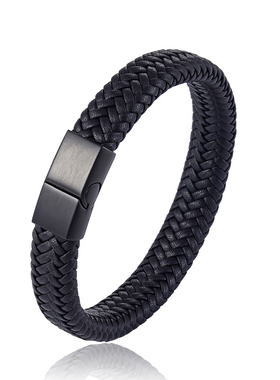 欧美风男士黑色真皮百搭宽手链