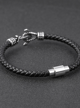 海军风船锚男士黑色真皮手饰品