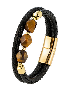 蛇年新款天然菱形虎眼石手链不锈钢黑色磁性扣百搭男手链皮绳手链