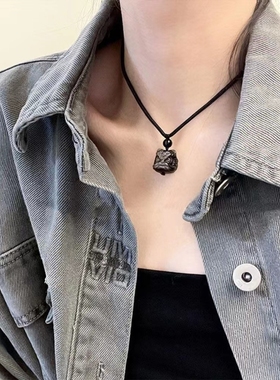 新中式银曜石醒狮项链男生国风小狮子头吊坠招财转运挂件送男友潮