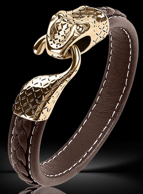 蛇年中国风十二生肖蛇头串饰真皮编织手链男士霸气转运红色皮绳潮