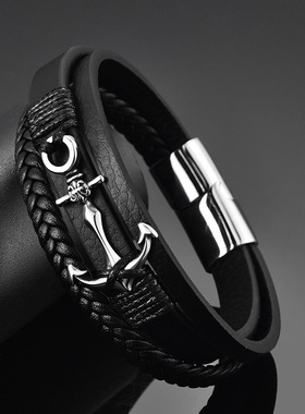 船锚男士多层皮质欧美风手绳