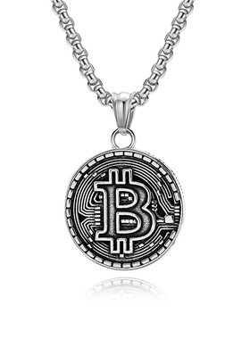 欧美潮流个性嘻哈风加密比特币Bitcoin钛钢项链镀18K金币圆牌吊坠