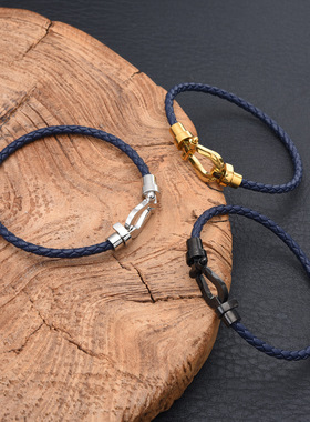 潮牌马蹄扣手链男士红色皮绳编织手绳本命年转运饰品新年喜庆礼物