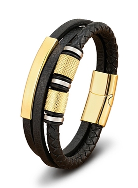 潮牌男钛钢帅气高级皮绳手链黑色