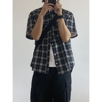 X1617 ໃຫມ່ພາກຮຽນ spring ແລະ summer versatile loose solid color plaid pocket casual shirt ເສື້ອທີເຊີດຜູ້ຊາຍແຂນສັ້ນ