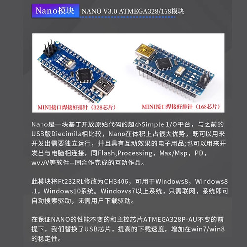 nano开发板适用arduino V3.0改进版 Atmega328P ch340驱动学习板 - 图1