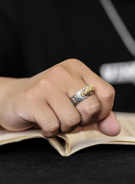 99足银招财貔貅戒指纯银金刚杵男士转运心经指环开口霸气银戒