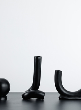 现代简约黑色创意极简弯管花器摆件样板房客厅电视柜插花干花软装