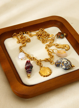 欧美ins时尚复古海滩风海螺贝壳龙虾吊坠镀18K金不锈钢项链锁骨