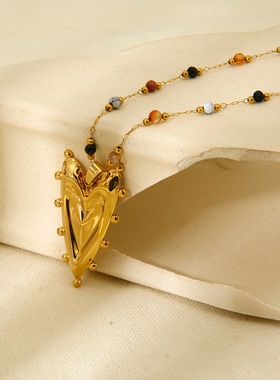 欧美新款个性网红同款时尚不锈钢天然石链镀18K几何爱心吊坠项链