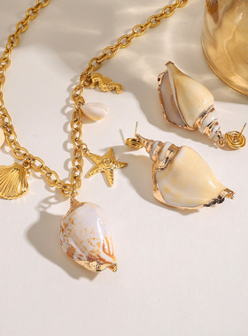 亚瑟欧美不锈钢潮流沙滩天然贝壳海螺耳环海洋风项链项饰跨境批发