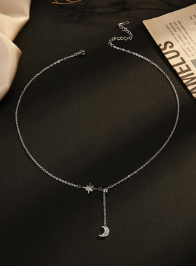 欧美14K镀金时尚星星月亮钛钢项链女INS风小众设计不锈钢吊坠