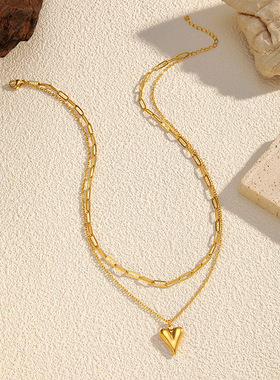 金色爱心吊坠双层钛钢项链轻奢百搭锁骨链女电镀18K金不锈钢项链