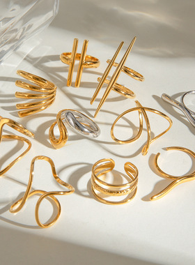 亚瑟不锈钢开口戒指欧美不规则线条简约设计感钛钢戒指跨境饰品