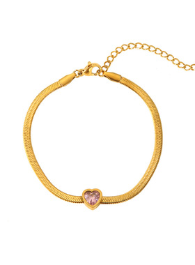 欧美时尚百搭镀18K镀金不锈钢镶嵌绿白粉色爱心锆石扁蛇链手链女