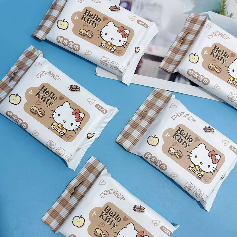 咖色kt猫湿巾10抽学生便携小包湿巾婴儿儿童一次性手口清洁湿纸巾 - 图1