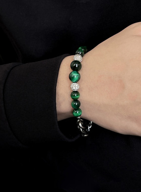 FourPin绿色天然石链条拼接手链嘻哈小众高级感气质钛钢手饰男女