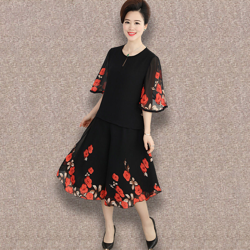 妈妈夏装洋气大码雪纺衫50岁阔腿裤 瑜雅媞中老年女装