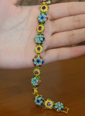中古vintage复古珐琅釉彩色镶钻花朵手链2026新高级手环百搭手饰