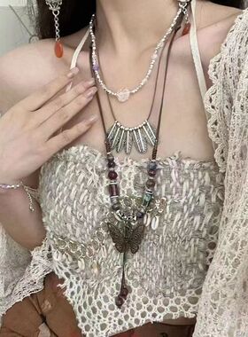 小众复古项链民族出游搭配波西羽毛锁骨链树叶文艺感木珠锁骨链