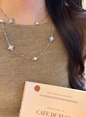 秋冬银色鸢尾花珍珠叠戴项链轻奢气质高级感锁骨链毛衣链百搭颈链