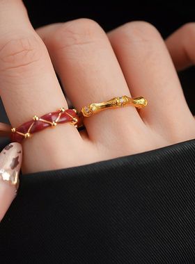 轻奢镶锆石竹节褶皱开口戒指复古宫廷风气质高级感个性百搭指环女