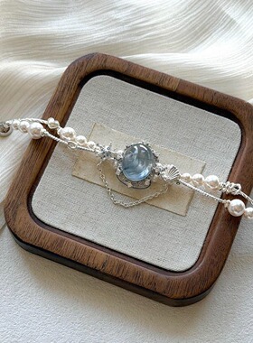 「深海来信」法式爆闪蓝色水滴珍珠磁吸款双层手链女温柔甜美手饰