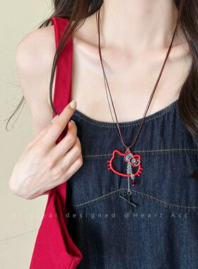 甜酷少女!小众设计感KT猫吊坠项链女2025新款甜美毛衣链长款配饰