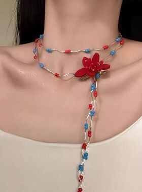 蔷薇家原创【春之灵韵】春夏季明媚花朵项链红蓝串珠choker锁骨链
