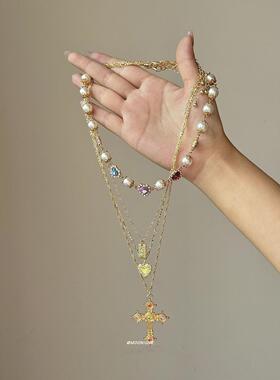 Vintage古着金色闪钻十字架吊坠项链女甜美彩色时尚小众叠戴颈链