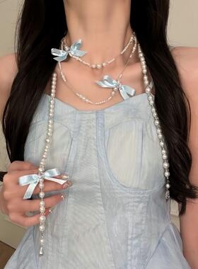 原创【韩系初恋】蓝色蝴蝶结重工项链长款叠戴锁骨链毛衣链