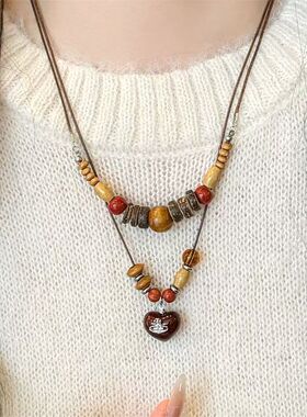 复古木质串珠吊坠项链女小众设计感民族风配饰时尚长款百搭毛衣链
