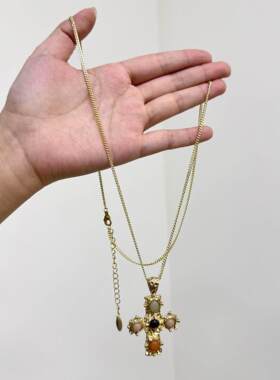 vintage中古金色十字架吊坠项链女轻奢高级感长款毛衣链小众配饰