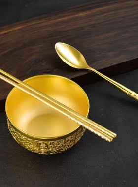 正宗百福金碗三件套金筷子勺子纯金熟金沙金黄金富贵龙凤金碗招财